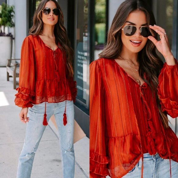 🦋 VICI Gabriela Tassel Tie Blouse Rust Boho Large - Picture 1 of 6